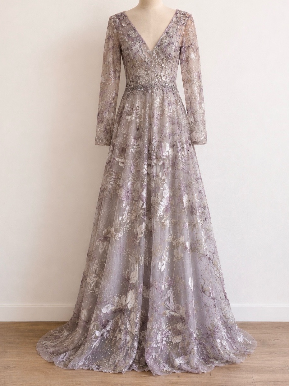 Mac Duggal 20214 Long Sleeve Formal Evening Dress In Vintage Lilac Size 8